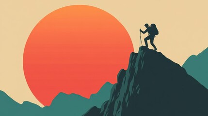 A silhouette of a hiker reaching the mountain summit at sunset