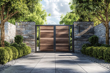 Modern wooden and stone gate design showcasing elegant landscape architecture for an inviting estate entrance