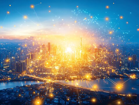 Illuminated City Lights Displaying Network Connections At Dusk With Skyline