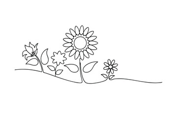 Continuous Line Drawing of Blooming Summer Flowers Garden