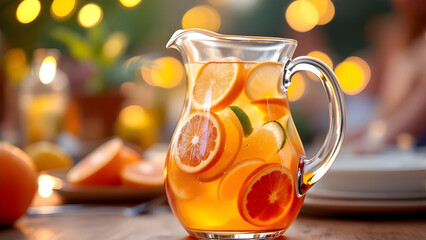 Refreshing Citrus Punch in a Glass Pitcher – Festive Outdoor Dinner with Warm Ambient Lights