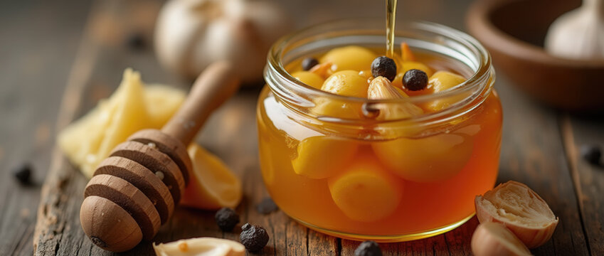 A jar filled with peeled garlic cloves sits on a wooden table, as honey is drizzled over the cloves. Nearby, spices and lemon slices complement the rustic atmosphere