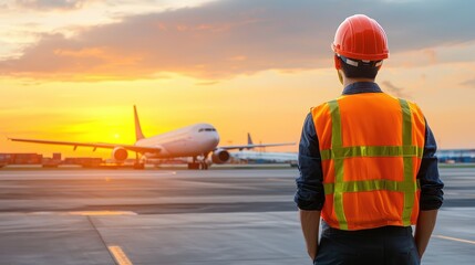 Airport ground crew member in safety vest conducts preflight inspection of modern airplane