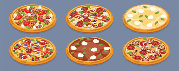 Various kinds of pizza. 3d isometric flat vector illustration.