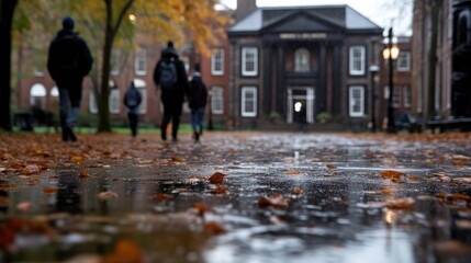 Autumnal college campus walkway in the rain
