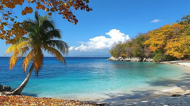 A beautiful beach with a palm tree and turquoise water is shown