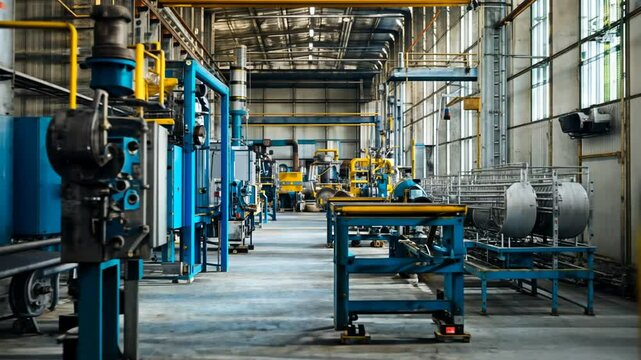 Industrial factory interior with machines, equipment, and pipes in blue and yellow tones