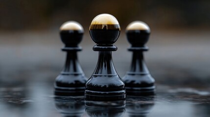Three black chess pawns, strategically positioned