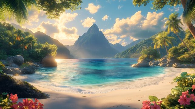 Tropical sunset illuminating the majestic pitons in saint lucia