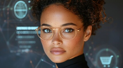Young woman with glasses against a tech backdrop