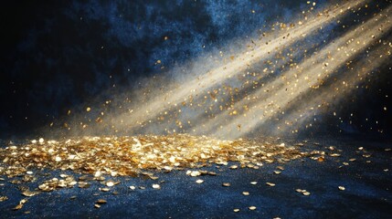 Golden confetti scattered on dark background; dramatic lighting; product display