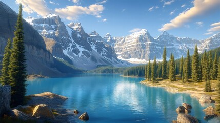 Moraine lake reflecting majestic canadian rockies in turquoise water