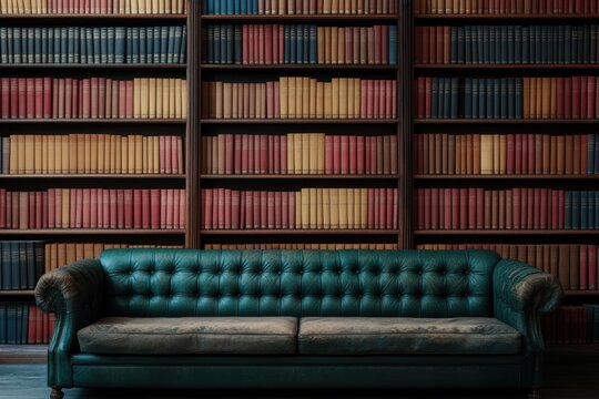 A well-worn leather couch sits before towering bookshelves filled with antique volumes, creating a study's quiet elegance.