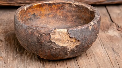 Fototapeta premium Rustic Brown Ceramic Bowl with Cracks on Weathered Wood