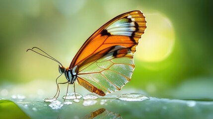 Orange Butterfly on Dew-Kissed Leaf: A Nature's Masterpiece