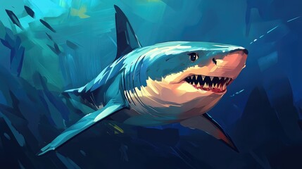 Majestic Great White Shark Underwater Painting