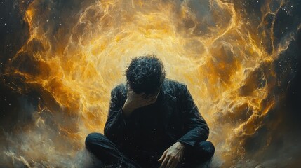 Fototapeta premium A troubled figure contemplates something amid swirling cosmic energy