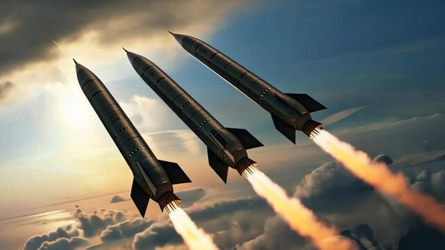 Three missiles ascend powerfully into the cloudy sky during a military demonstration, highlighting their impressive capabilities and design