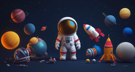 Space objects 3d render icon set. Astronaut, planets, rocket, alien ufo spaceship, telescope, satellite and meteor with fire in night sky background. Isolated cartoon cosmic elements. 3D illustration