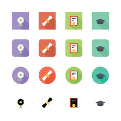 Flat design icons, education symbols, graduation cap, diploma scroll, certificate, achievement badge, colorful squares and circles, minimalist graphics, vector illustration, pastel colors, purple.
