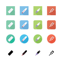 Medical icons, flat design, colorful backgrounds, minimalist, thermometer, bandage, syringe, crutch, healthcare symbols, long shadow effect, simplified shapes, vector graphics, pastel colors, rounded.