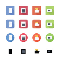 Flat design icons, Kitchen appliances, Refrigerator, Oven, Toaster, Microwave, Minimalist, Colorful backgrounds, Blue, Red, Orange, Green, Square and circular shapes, Long shadow effect, Simple geomet