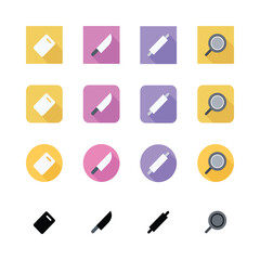Flat design icons, Kitchen utensils, Cooking tools, Minimalist graphics, Colorful squares and circles, Yellow background, Pink background, Purple background, Cutting board icon, Chef's knife icon, Rol