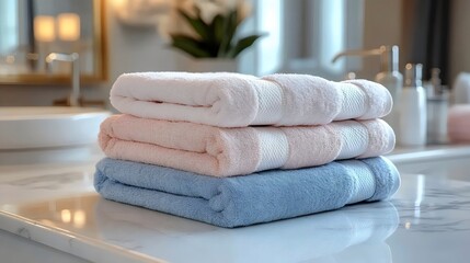 Three towels stacked on top of each other, one blue, one pink, and one white