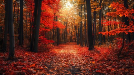 Fototapeta premium A breathtaking autumn forest with vibrant red, orange, and yellow leaves.