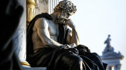 Obraz premium Majestic marble sculpture of a seated muscular man deep in thought with golden architectural details
