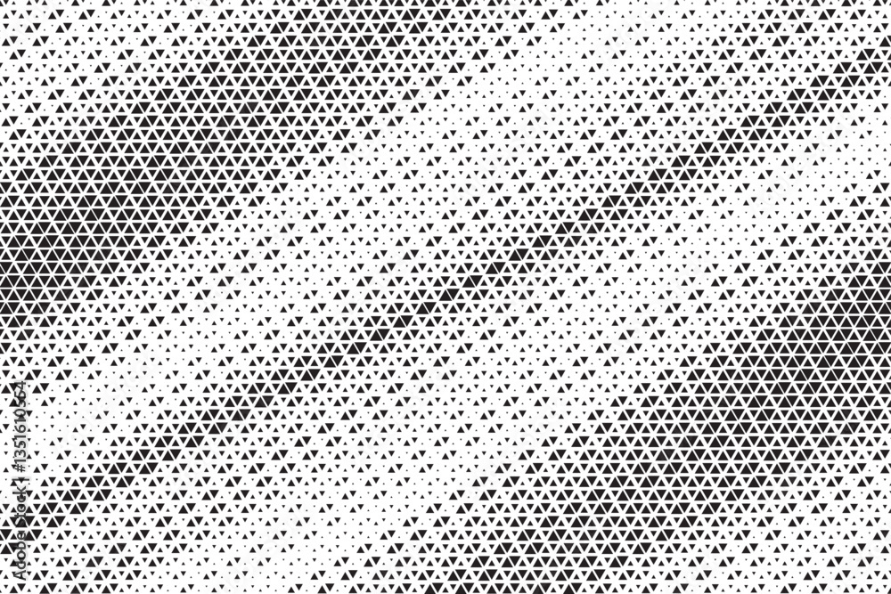 Poster Triangular halftone texture retro wave vector. Geometric technology abstract diagonal dotted background. Half tone triangles retro comic pattern. Minimal 80s style dynamic tech structure wallpaper.