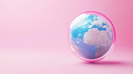 Fototapeta premium Transparent sphere encapsulating planet Earth over a soft pink gradient background creating an ethereal effect