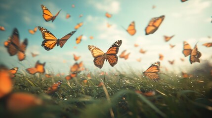 A Swarm of Monarch Butterflies Dancing in a Sunlit Meadow: A Symphony of Flight and Grace
