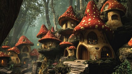 Fototapeta premium A fairy-tale village with mushroom-shaped houses.