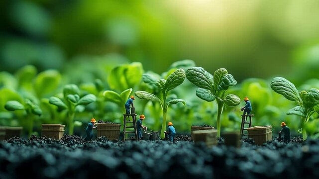 A whimsical scene of miniature workers tending to tiny plants, with the figures seen climbing ladders and caring for the greenery, evoking a sense of growth and nurture in a miniature garden.