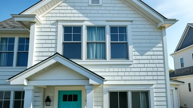 Exterior View of a White Residential House with a Turquoise Door and Blue Windows Under a Bright Sunny Sky