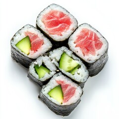  A Sushi Platter with Tuna (Maguro), Cucumber Rolls (Kappamaki), and Salmon (Sake) Nigiri and Rolls, Arranged in a Grid Pattern on a White Background.