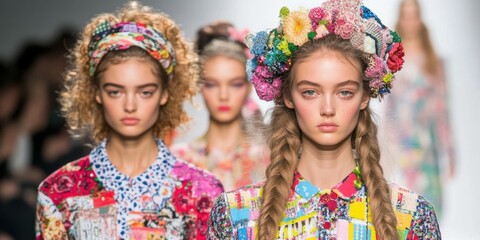 A group of women wearing colorful clothing and flower headdresses walk down a runway. One of the women is wearing a floral headband