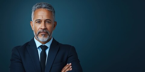 A man in a suit and tie is standing in front of a blue wall. He is wearing a tie and has his arms crossed