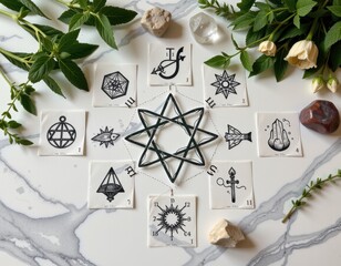 Mystical arrangement of tarot cards and symbols on a marble table with herbs and stones