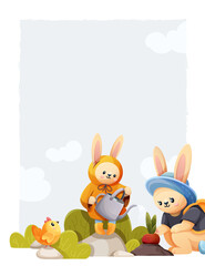 Gardening poster with a light blue and white background. Features two bunnies watering a carrot in a garden,  with a small chicken standing nearby, vector illustration on a light blue background