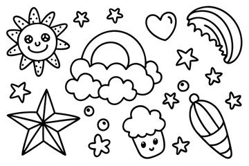 Doodle Icons: Playful sketches of a rainbow, sun, and stars, capturing the joy and whimsy of a cheerful design.  