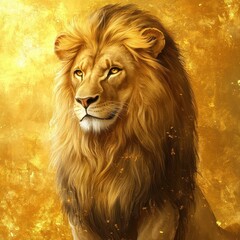 Naklejka premium A majestic lion with a golden mane gazes thoughtfully ahead