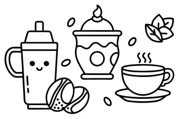 Sipping Bliss: A collection of intricately illustrated coffee cups and beans, steam rising gently, inviting viewers into a world of cozy comfort and the perfect cup.