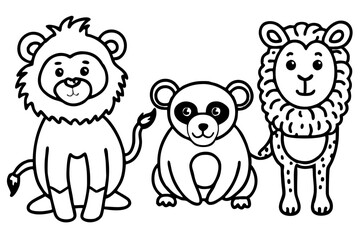 Fototapeta premium Cartoon Animals Trio: A charming collection of cartoon animal illustrations, featuring a regal lion, a playful lemur, and a friendly lion, perfect for adding a touch of fun and whimsy.
