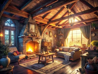 Fototapeta premium Surreal Rustic Living Room: Exposed Beams, Neutral Tones, Dreamlike Interior Design