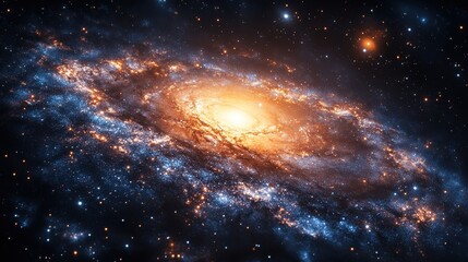 Fototapeta premium A spiral galaxy with bright orange core and blue spiral arms