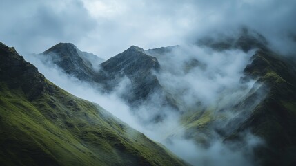 Fototapeta premium A misty mountain landscape with clouds rolling over the peaks.