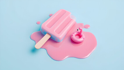 Melting Pink Popsicle with Mini Flamingo Float on Blue Background – Summer Concept of Heat and Fun