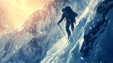A mountaineer climbing with an ice axe and rope in extreme conditions. 